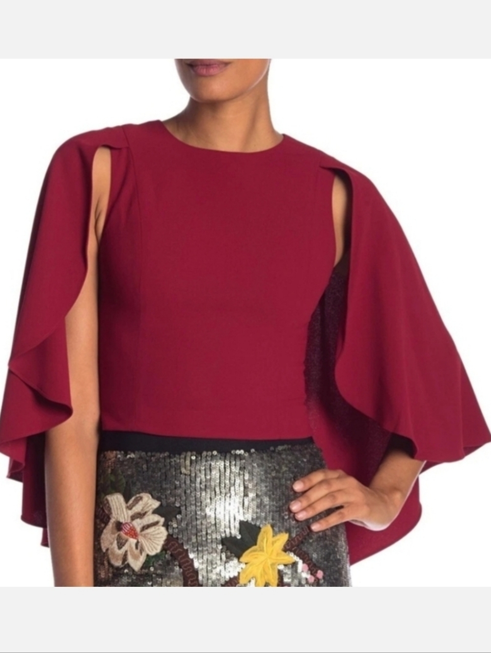 Alice + Olivia Babette Bordeaux Red Cropped Cape Crepe Top